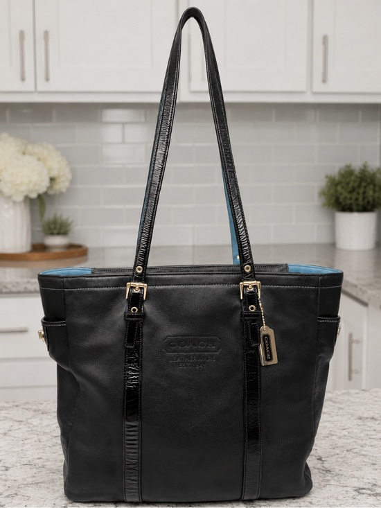 Coach Handbags - Coach Vintage Leatherware Tote 5787 Black W/Blue Interior, Patent Leather Trim